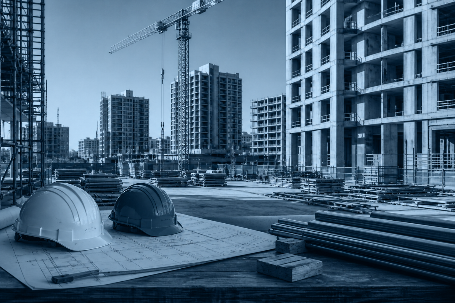 Obra residencial em construção com capacetes e plantas de engenharia
